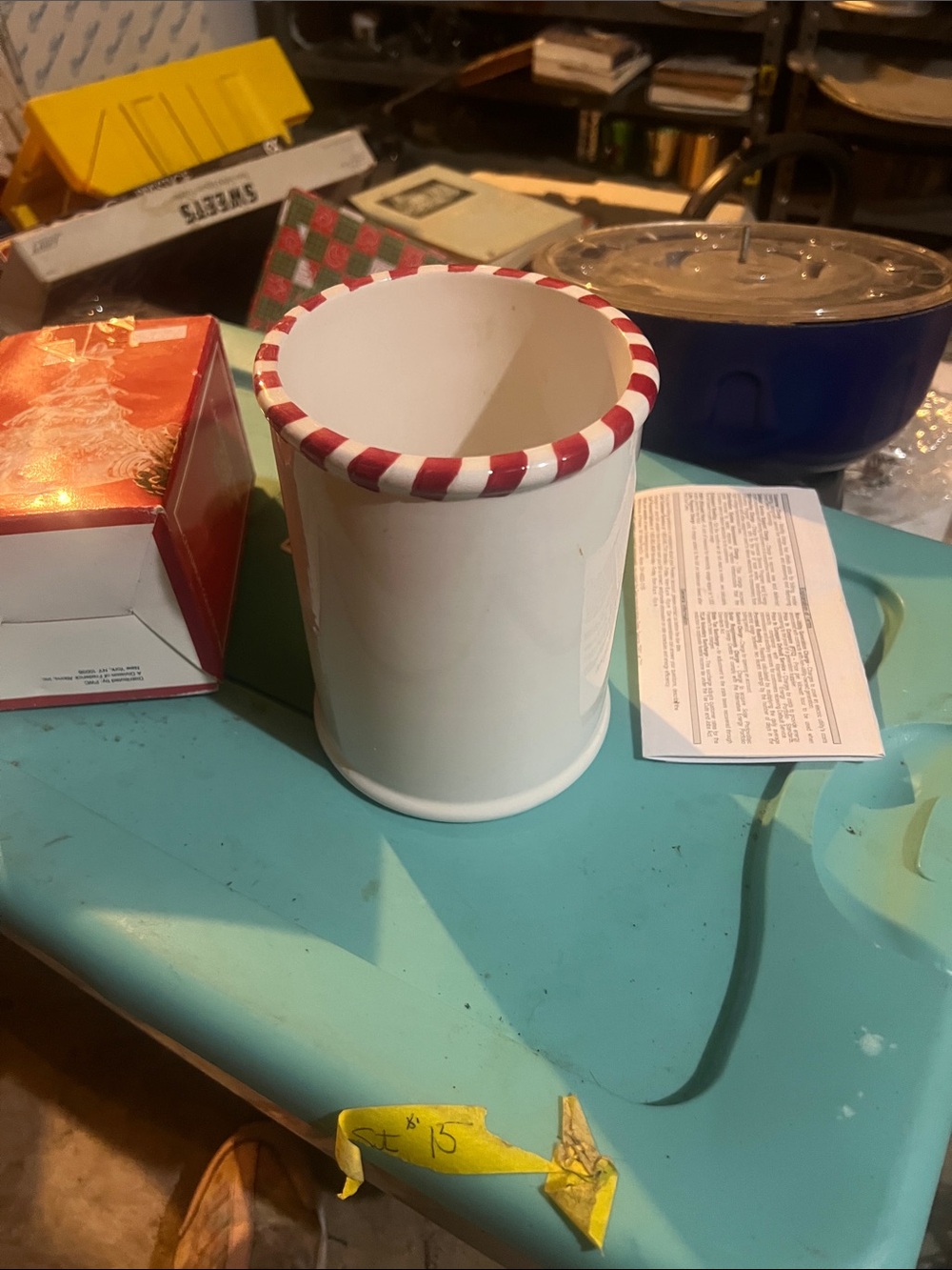 Vintage White Ceramic Utensil Holder or candle holder Red-White Striped Rim